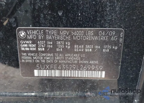 2009 BMW X5 xDrive30I z USA, uszkodzony, nr VIN 5UXFE43529L269959